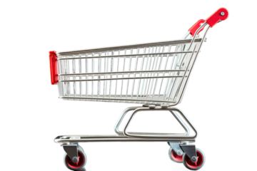 Red Handled Shopping Cart on White Background. On a White or Clear Surface PNG Transparent Background.