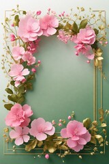 Wedding invitation card, Golden frame with cherry blossom on green background. top view.