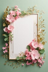 Wedding invitation card, Golden frame with cherry blossom on green background. top view.