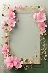 Wedding invitation card, Golden frame with cherry blossom on green background. top view.