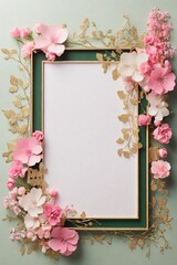 Wedding invitation card, Golden frame with cherry blossom on green background. top view.