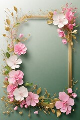 Wedding invitation card, Golden frame with cherry blossom on green background. top view.