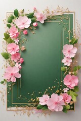 Wedding invitation card, Golden frame with cherry blossom on green background. top view.