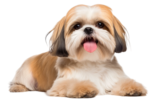 Small Brown and White Dog Laying Down. On a White or Clear Surface PNG Transparent Background.
