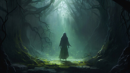 A hooded sorceress girl stands in front of a magical  - obrazy, fototapety, plakaty