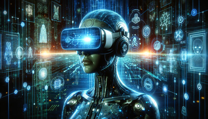 A cybernetic entity with advanced VR goggles, showcasing a futuristic interface and circuit-like visuals that represent high-tech connectivity and virtual reality. - obrazy, fototapety, plakaty