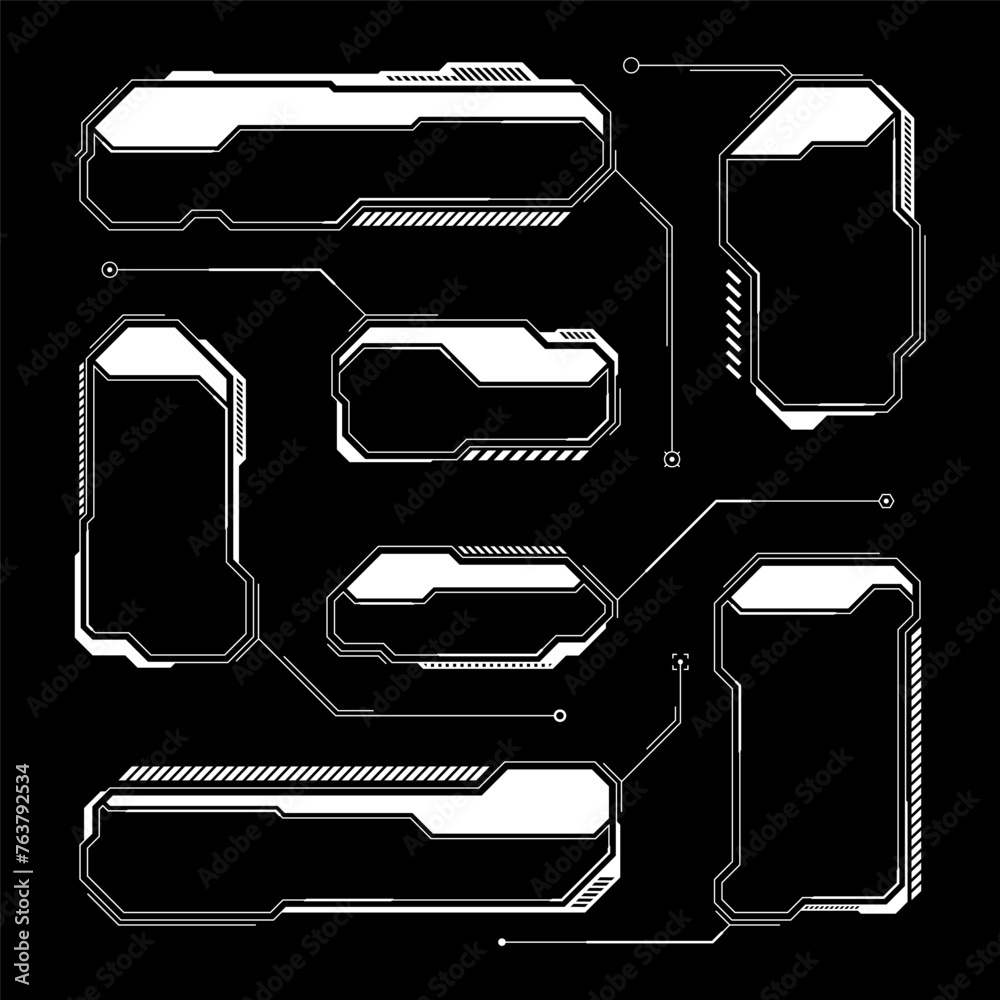 Poster White futuristic HUD, UI elements. Sci-fi user interface text boxes, callouts. Warning message frames, information boxes template. Modern game interface layout in digital style. Vector illustration