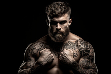 Fototapeta na wymiar Portrait of a Muscular Tattooed Man with a Focused Expression in Low Key Lighting, Emphasizing the Art of Body Ink and Physical Fitness