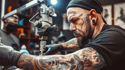 Fototapeta na wymiar a master makes a tattoo on a man's arm in the salon