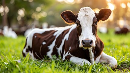 Product from cows. A glass bottle of milk was next to it. There were cows that looked happy in the vast grassland. green meadow