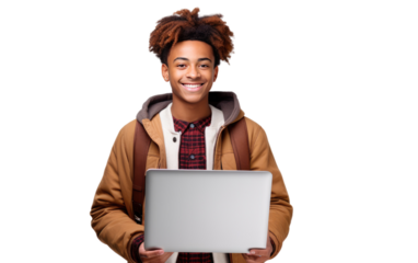 Man Holding Laptop Computer. On a White or Clear Surface PNG Transparent Background.