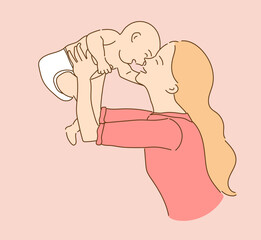 Mother lifting and playing with newborn baby. Young Woman holds her baby in her arms. Hand-drawn, Vector Illustration.