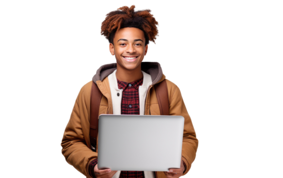 Man Holding Laptop Computer. On a White or Clear Surface PNG Transparent Background.