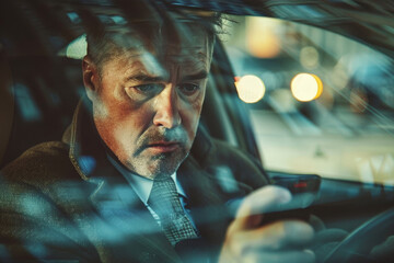 Businessman Checking Smartphone in Car at Dusk