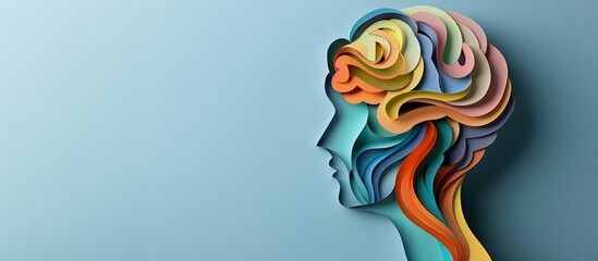 World Mental Health day banner. Concept of self care, happiness, harmony, creative mind. Colored paper cutout person head on blue background. Copy space