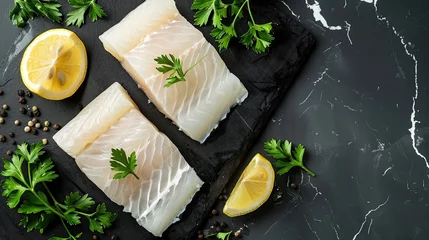 Foto op Plexiglas slices of raw seafood on the table © saka