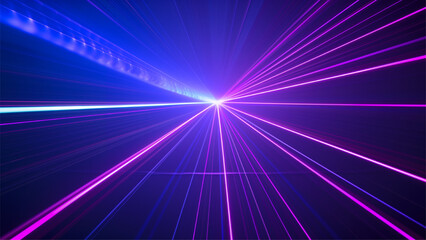blue and violet beams of bright laser light shining on black background