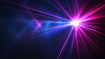 Fototapeta na wymiar blue and violet beams of bright laser light shining on black background