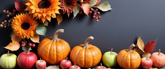 Frame of pumpkins, leaves, apples, thanksgiving day background. Place for text, template, copy space.
