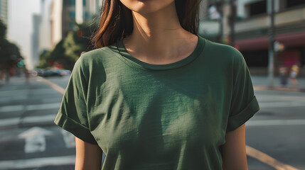 mockup featuring a stylish woman wearing a green t-shirt, striding confidently along a vibrant city street, exuding urban chic and modern allure amidst the bustling cityscape. no face