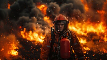A lone female firefighter charges into a night fire, smoke billowing like a dark dancer