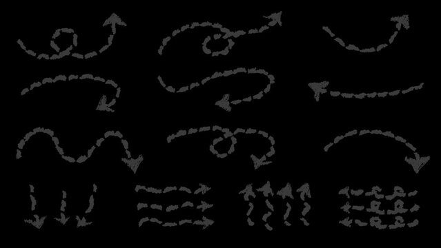 Set of hand drawn style with pencil drawing dotted line arrow animation transparent background. Variety of doodle animated pointer. Popping charcoal arrows footage video. Freehand different sketch cur
