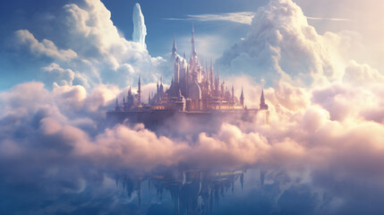 A magical castle floating in the clouds. - obrazy, fototapety, plakaty