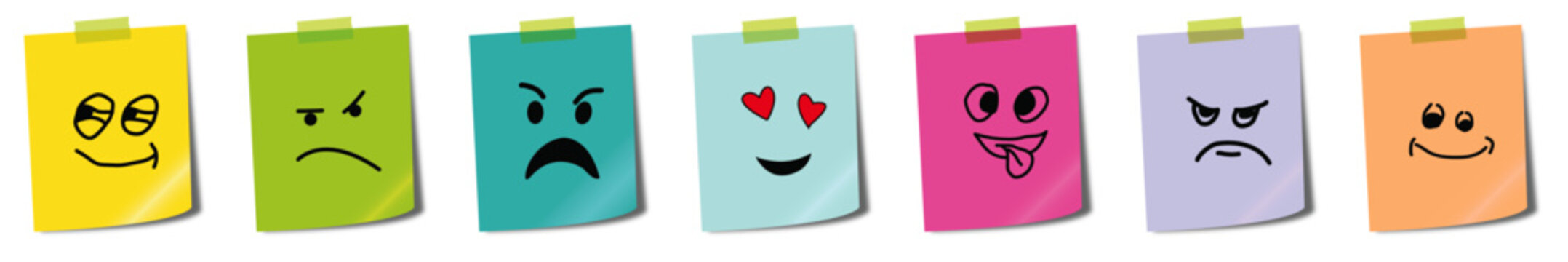 Post it notes with various emoticons. Colorful paper sticky note with adhesive note isolated on transparent.