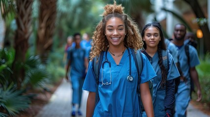 Medical students from various nationalities Both men and women Walking together after class at university - obrazy, fototapety, plakaty