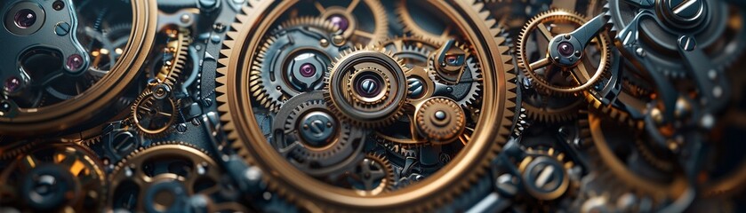 Bring to life the hidden beauty of mechanical timepieces through a rear view perspective, emphasizing the craftsmanship and complexity of the gears Craft an image that conveys the artistry and precisi - obrazy, fototapety, plakaty