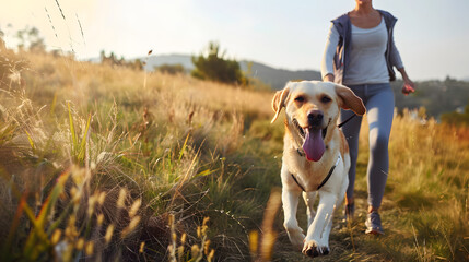Woman exercising with a dog in a forest park, sunny morning, running, no face