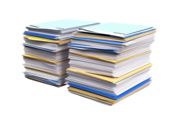 Stack of Papers in Office Setting. On a White or Clear Surface PNG Transparent Background.