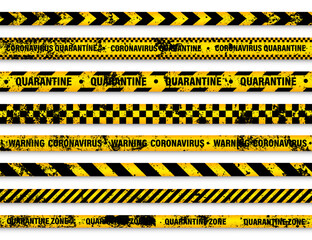 Old grunge quarantine zone warning tape. Novel coronavirus outbreak. Global lockdown. Yellow coronavirus danger stripe. Police caution line, restricted area. Construction tape. Vector illustration - obrazy, fototapety, plakaty