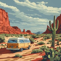 Capture the essence of adventurous road trips with a side view graphic showcasing iconic desert landscapes Highlight key elements like cacti, rugged canyons, and endless stretches of open road Inspire