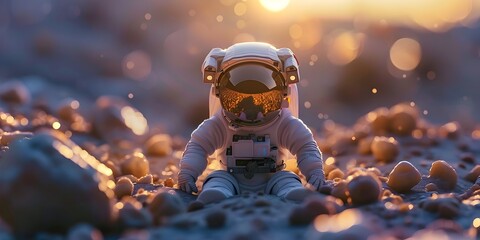 A solitary astronaut clad in a pristine white spacesuit floats amidst a lunar-like landscape of rocky craters and boulders bathed in the warm glow of a distant sun
