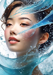 水しぶきと波の効果を合成した美しいアジア系の女性
