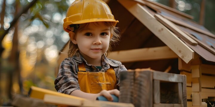 A young girl wearing a yellow hardhat is shown constructing a small wooden playhouse in an outdoor construction site setting