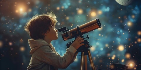 A young child possibly a budding scientist or astronomer gazes up at the night sky through a telescope captivated by the twinkling stars