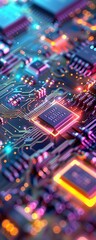 Capture the essence of innovation with a unique perspective on semiconductor chips Highlight the microscopic architecture that drives technological advancements, all in a striking tilted angle view