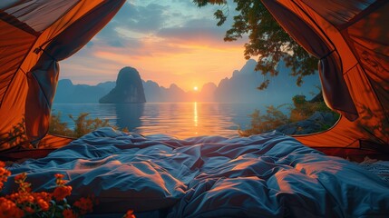 The inside of the tent opened to reveal the sea and mountains, a beautiful sunrise and warm light. - obrazy, fototapety, plakaty