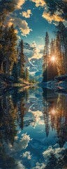 Capture the mystique and allure of mirror worlds through a dynamic and immersive panoramic perspective Showcase mirrored versions of landscapes, cities, and skies, each with subtle differences that sp