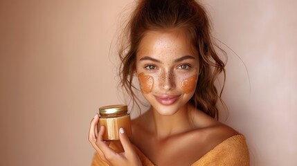 Photo of a beautiful young woman Smooth facial skin Apply a thin layer of honey cosmetic cream on your face.