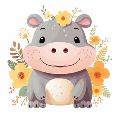 Adorable Floral Hippo clipart isolated on white background