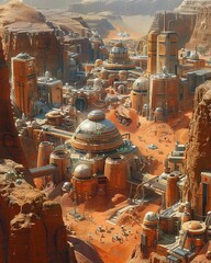 Craft a visually striking representation of a high-angle view of Martian anarchist settlements developing through the ages Feature diverse inhabitants, eco-friendly infrastructure, and harmonious comm - obrazy, fototapety, plakaty