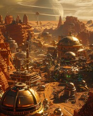 Craft a visually striking representation of a high-angle view of Martian anarchist settlements developing through the ages Feature diverse inhabitants, eco-friendly infrastructure, and harmonious comm
