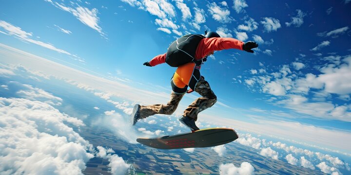 professional athlete Extreme skydiver on a snowboard in the sky. Prepare to use an umbrella. Playing the most dangerous sport on a bright sunny day