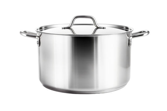 Large Stainless Steel Pot With Two Handles. On a White or Clear Surface PNG Transparent Background.