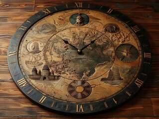 Create a captivating design featuring diverse clocks capturing the essence of ancient civilizations in each hour; intricate details symbolizing their rich histories