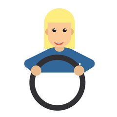 Woman is a car driver. Woman with a car steering wheel, vector illustration