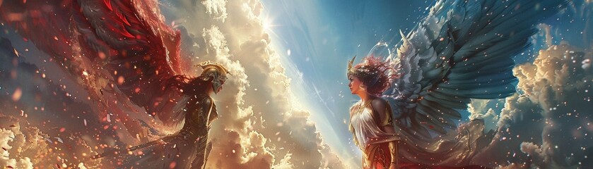 Ignite imagination with an eye-level angle on classic Greek myths Showcase the majesty of Athena in battle or the tragedy of Icarus soaring close to the sun Craft images that echo the timeless allure  - obrazy, fototapety, plakaty
